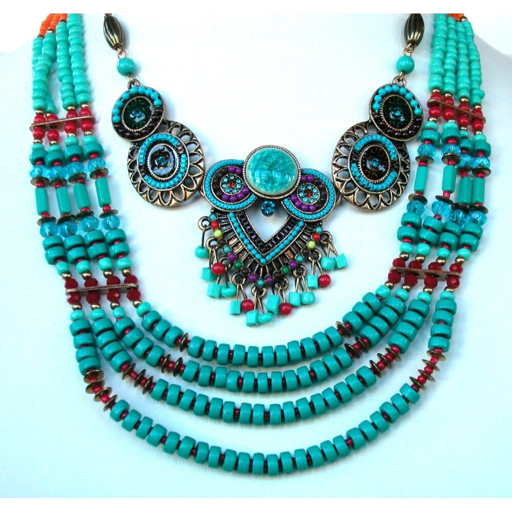 Turquoise Multicolor Beaded Necklace With Bronze Accent & Lobster Clasp 18"